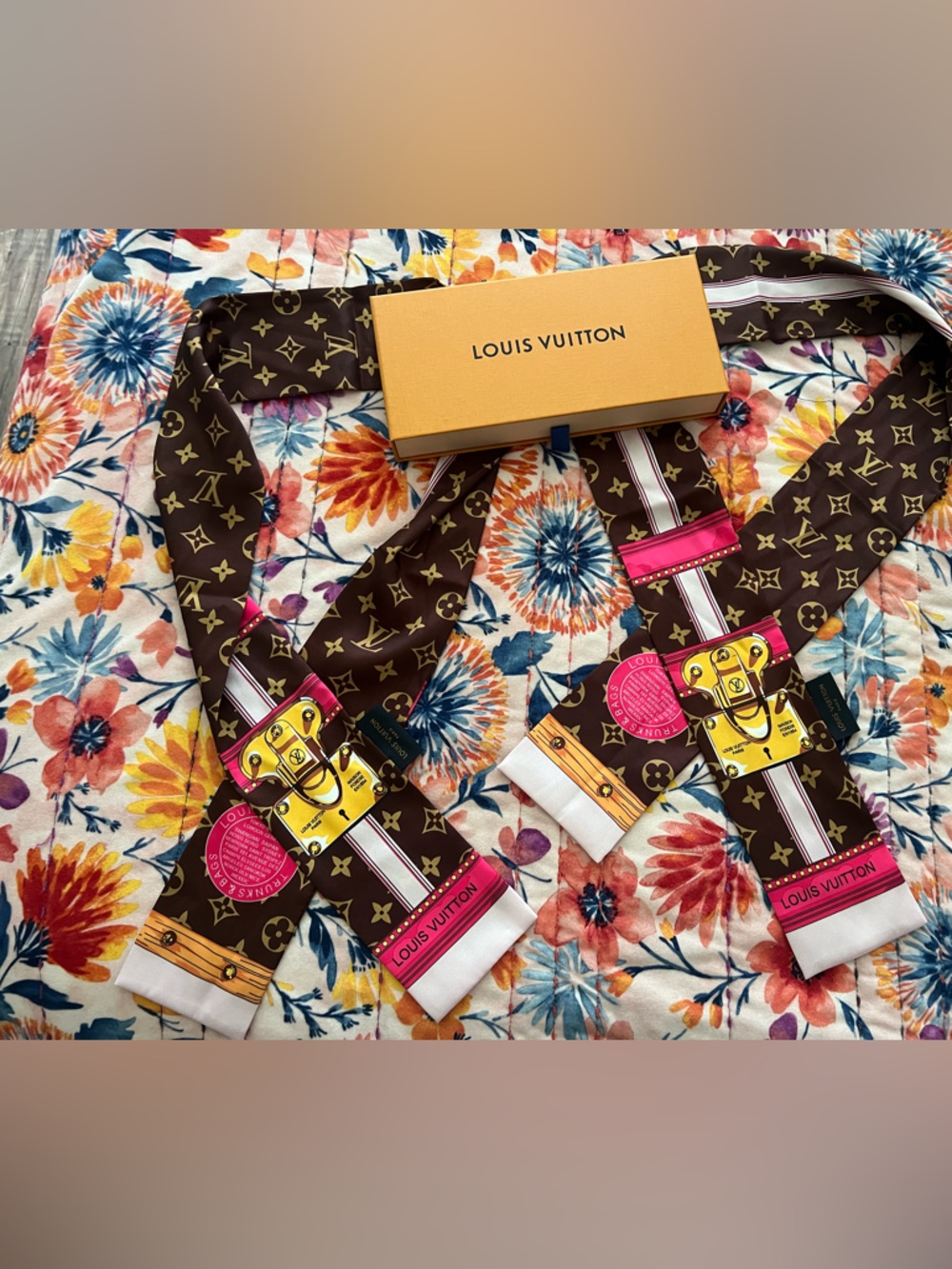 Louis Vuitton Brown Monogram Silk Bandeau with Pink & Yellow Accents